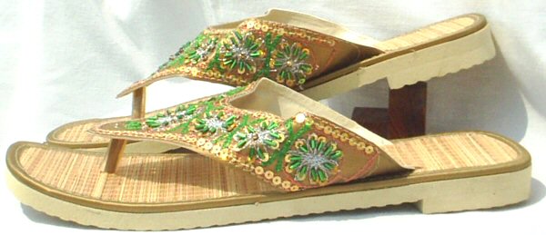 Flip flop with bugle beads and  rattan footbed